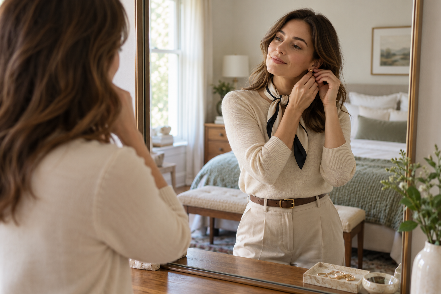 Woman tying a silk scarf and adding understated earrings in a bedroom mirror