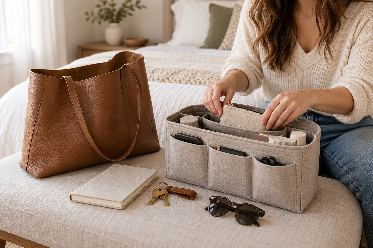 Woman arranging a small organizer insert inside a roomy everyday tote