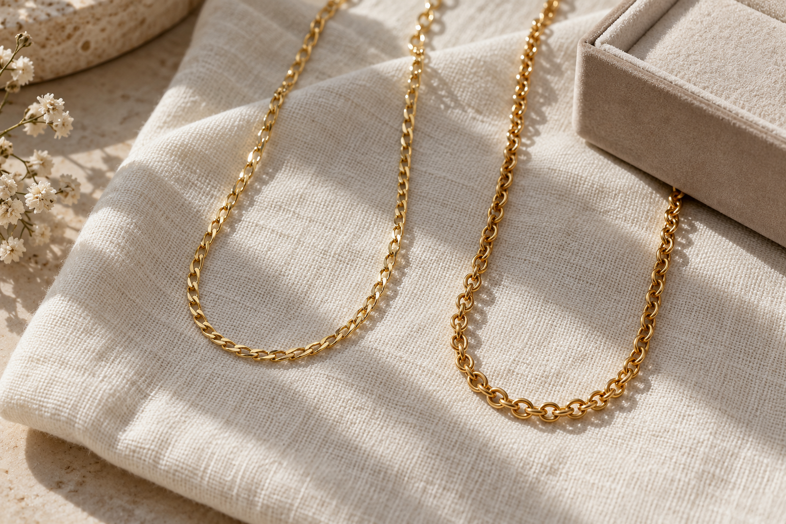 Close view of gold-tone chains laid out for a material comparison