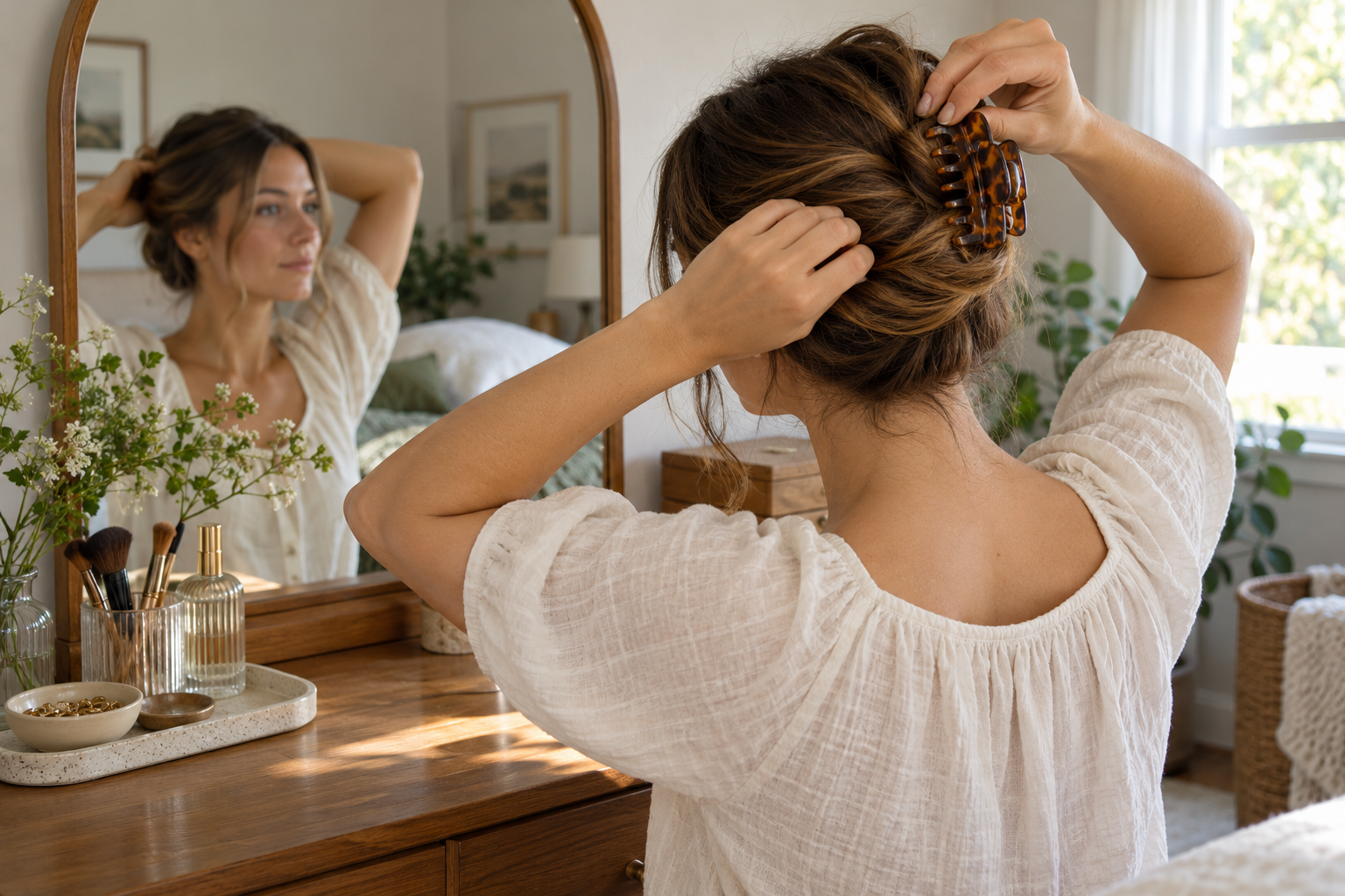 Woman securing her hair with a claw clip while getting ready at home