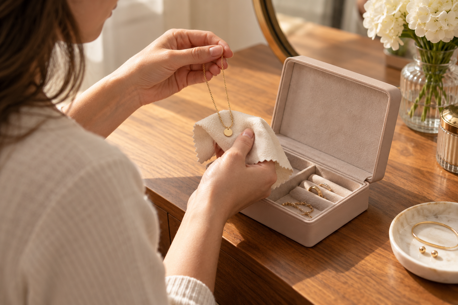 Hands carefully polishing a necklace before storing it in a jewelry box