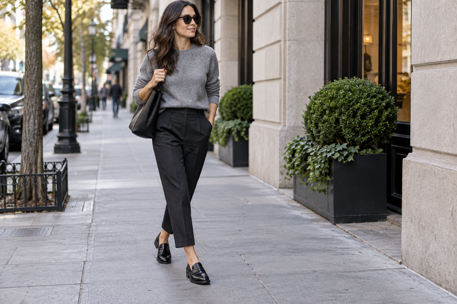 Woman walking to work in classic loafers on a city sidewalk