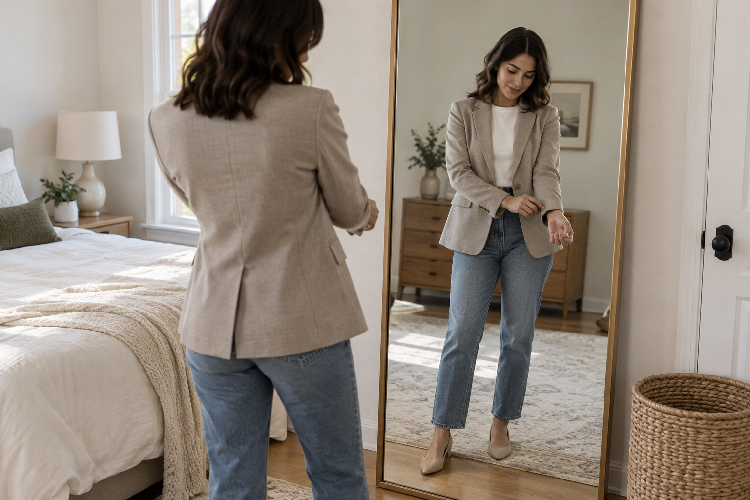 Woman checking jacket sleeve and shoulder proportions in a full-length mirror