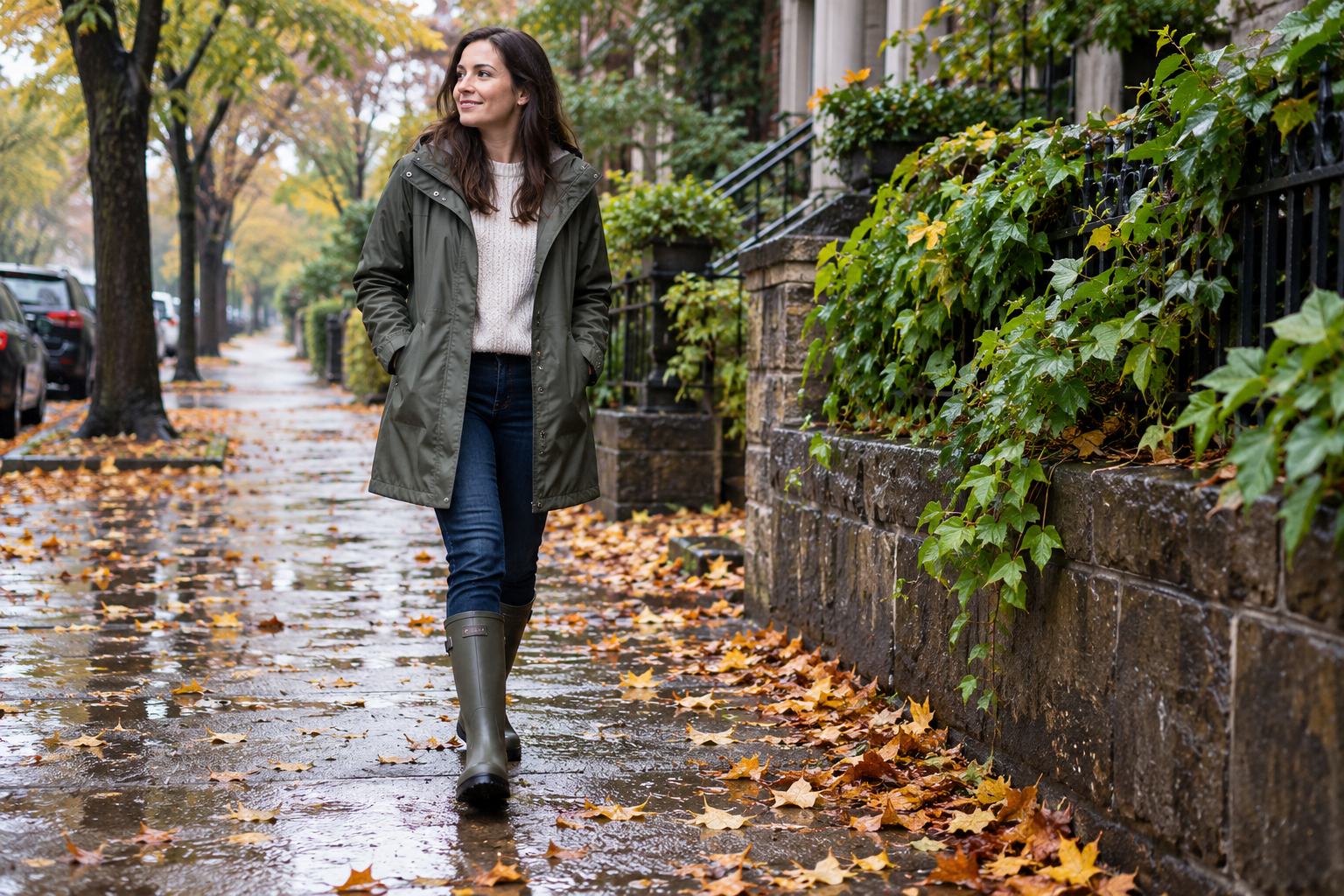Woman wearing practical rain boots on a wet neighborhood sidewalk