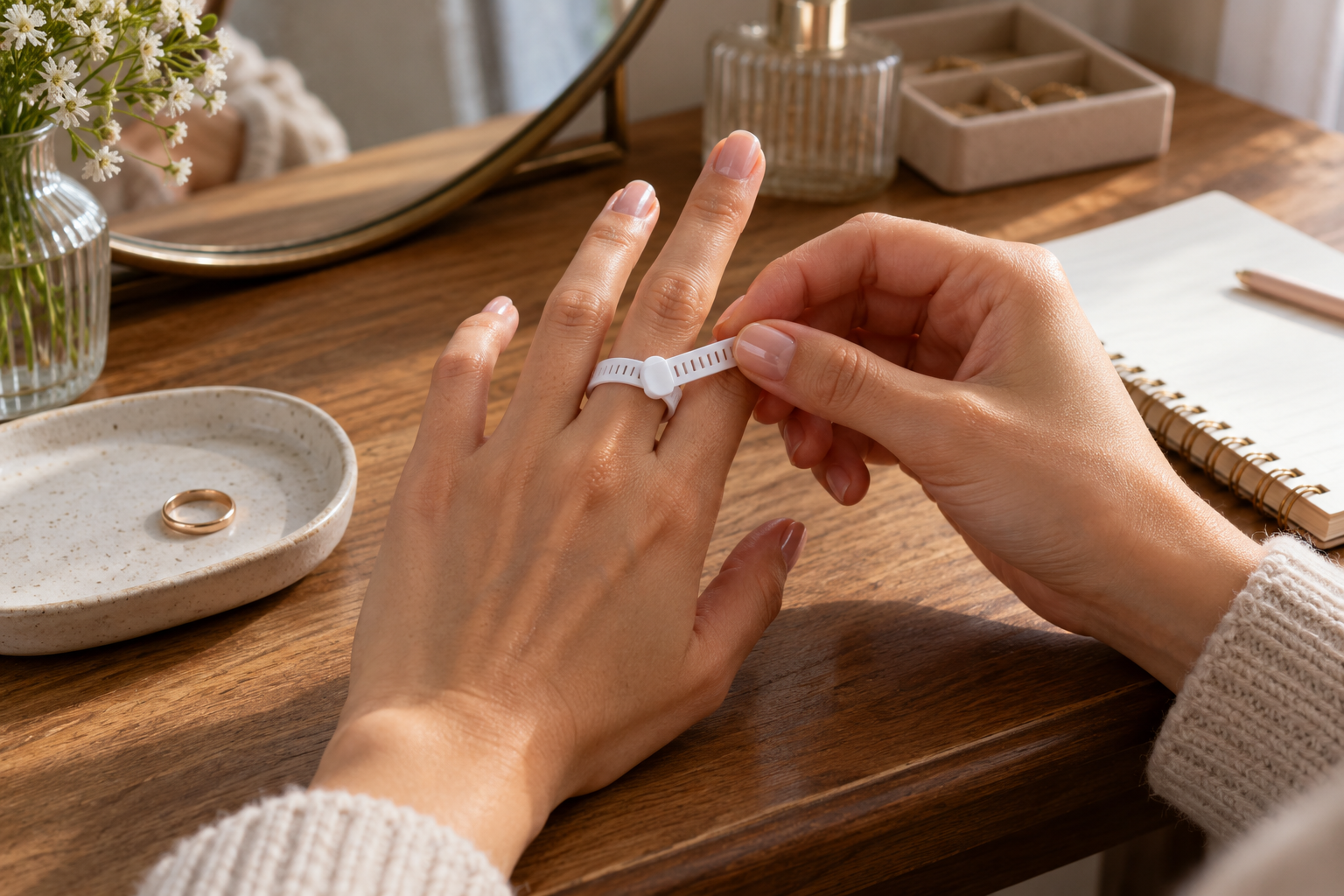 Woman measuring a ring size at home with a simple sizing strip