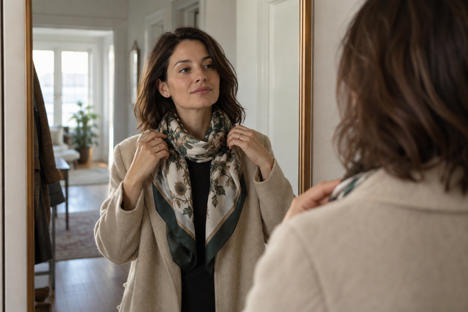 Woman trying a patterned scarf with a coat before leaving home