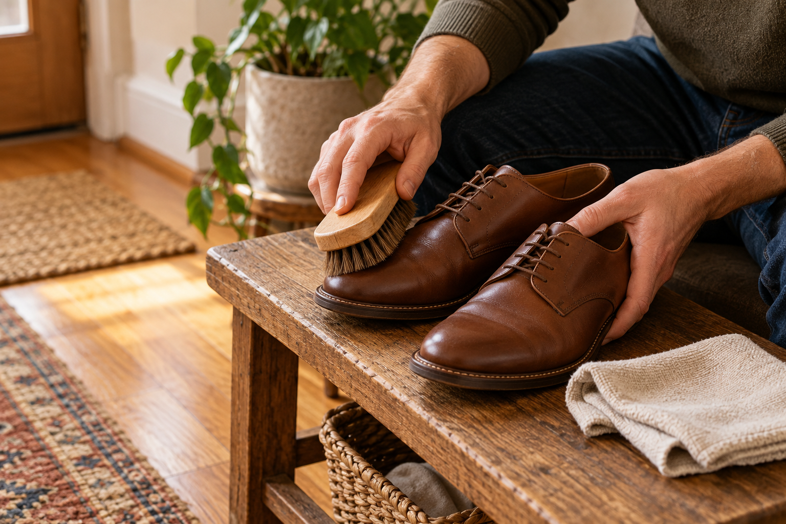 Hands brushing and caring for leather shoes at home