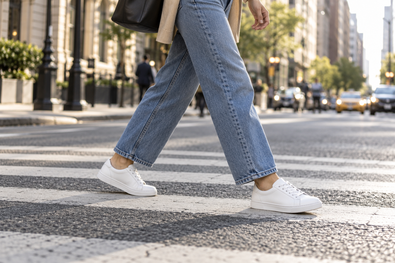 White low-top sneakers with relaxed jeans crossing a city street