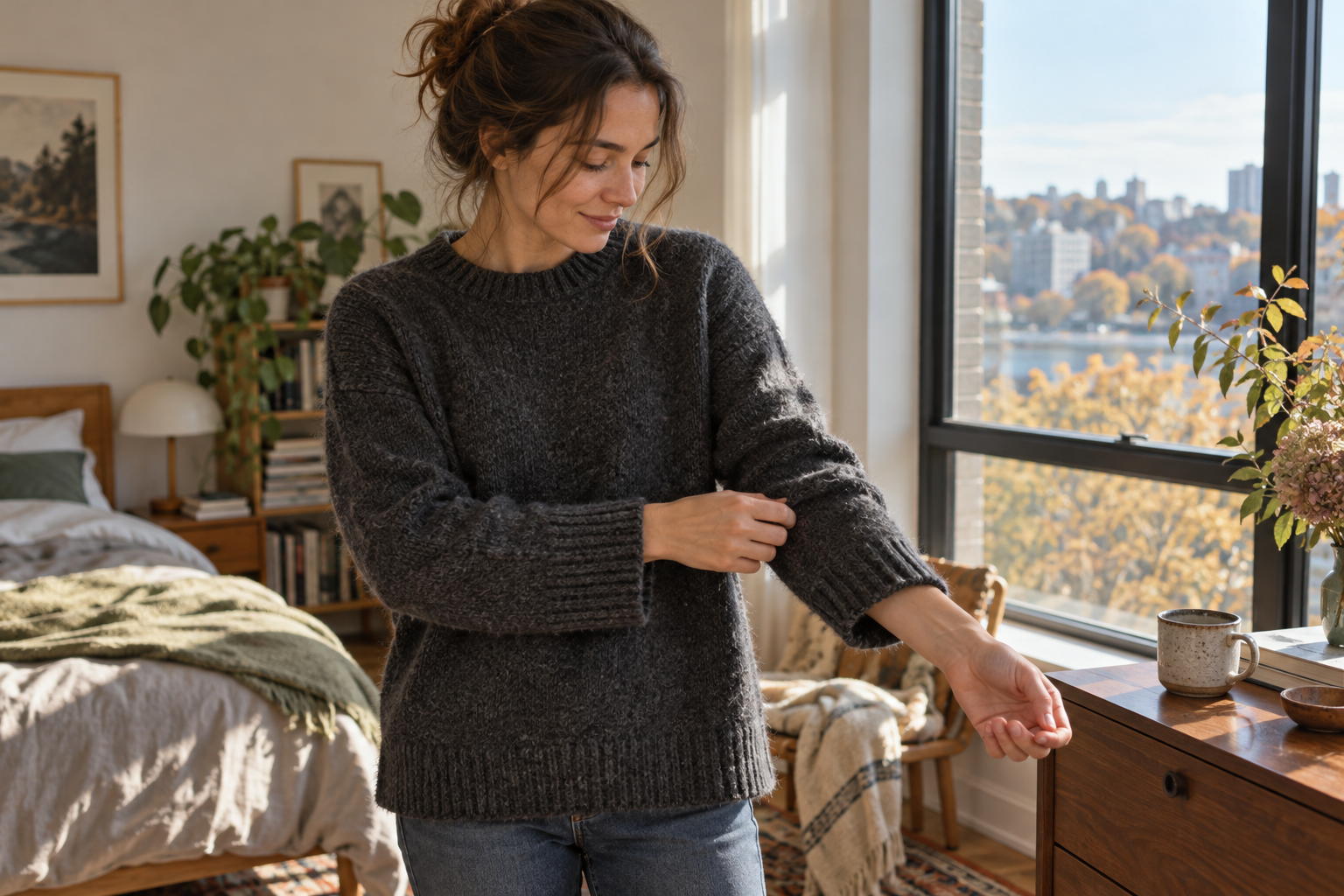 Woman adjusting the sleeve of a wool sweater in a softly lit home