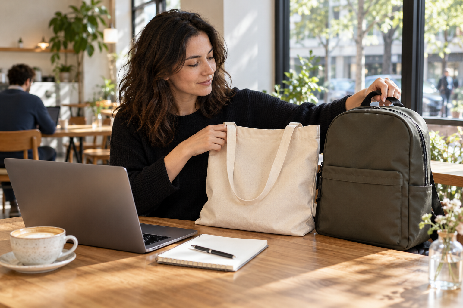 Commuter comparing a canvas tote and backpack before packing for the day