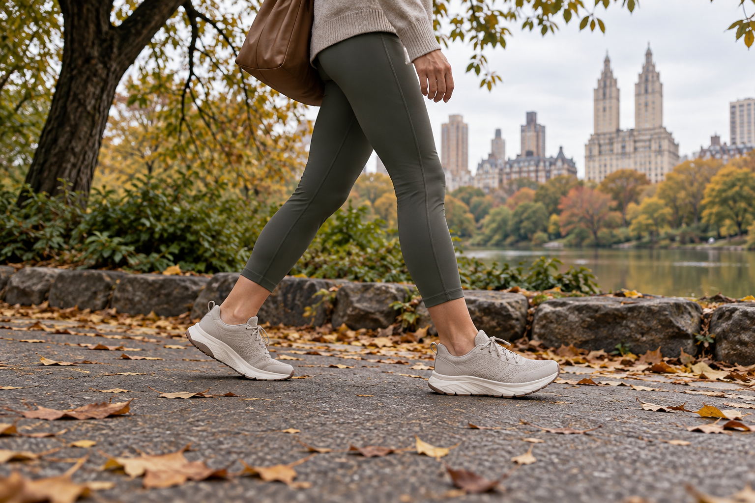 Woman wearing neutral walking shoes on an autumn park path