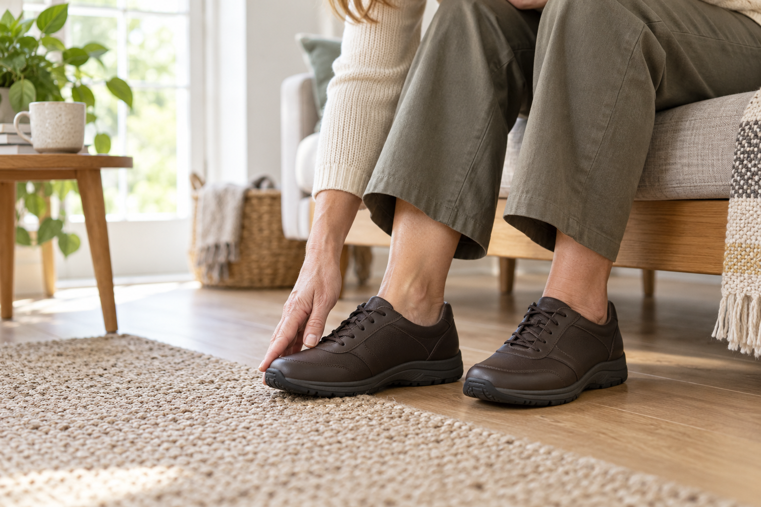 Woman checking the fit of everyday walking shoes at home