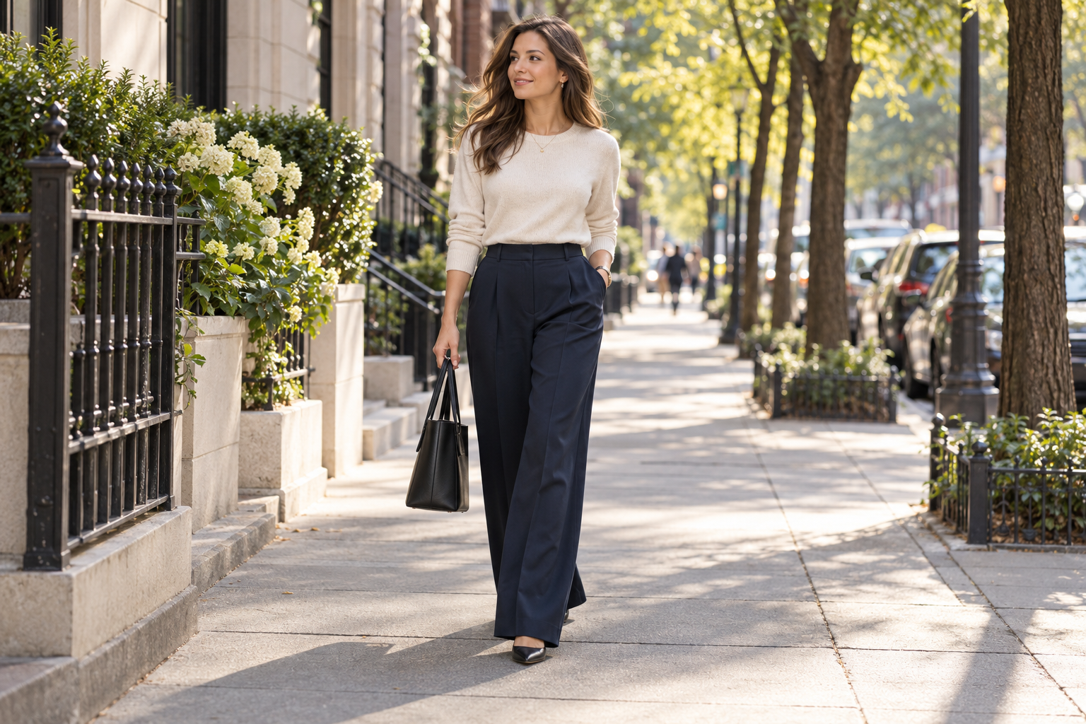 Woman wearing wide-leg trousers on a city sidewalk during an everyday commute