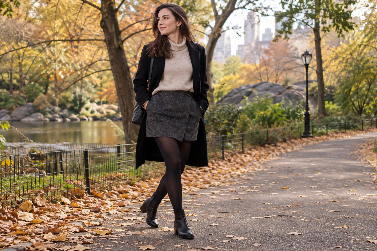Woman wearing warm gloves while walking through a cold city street